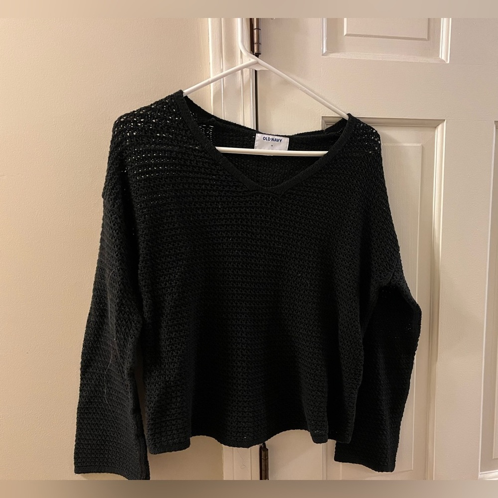 Old Navy black cotton crochet V-neck sweater